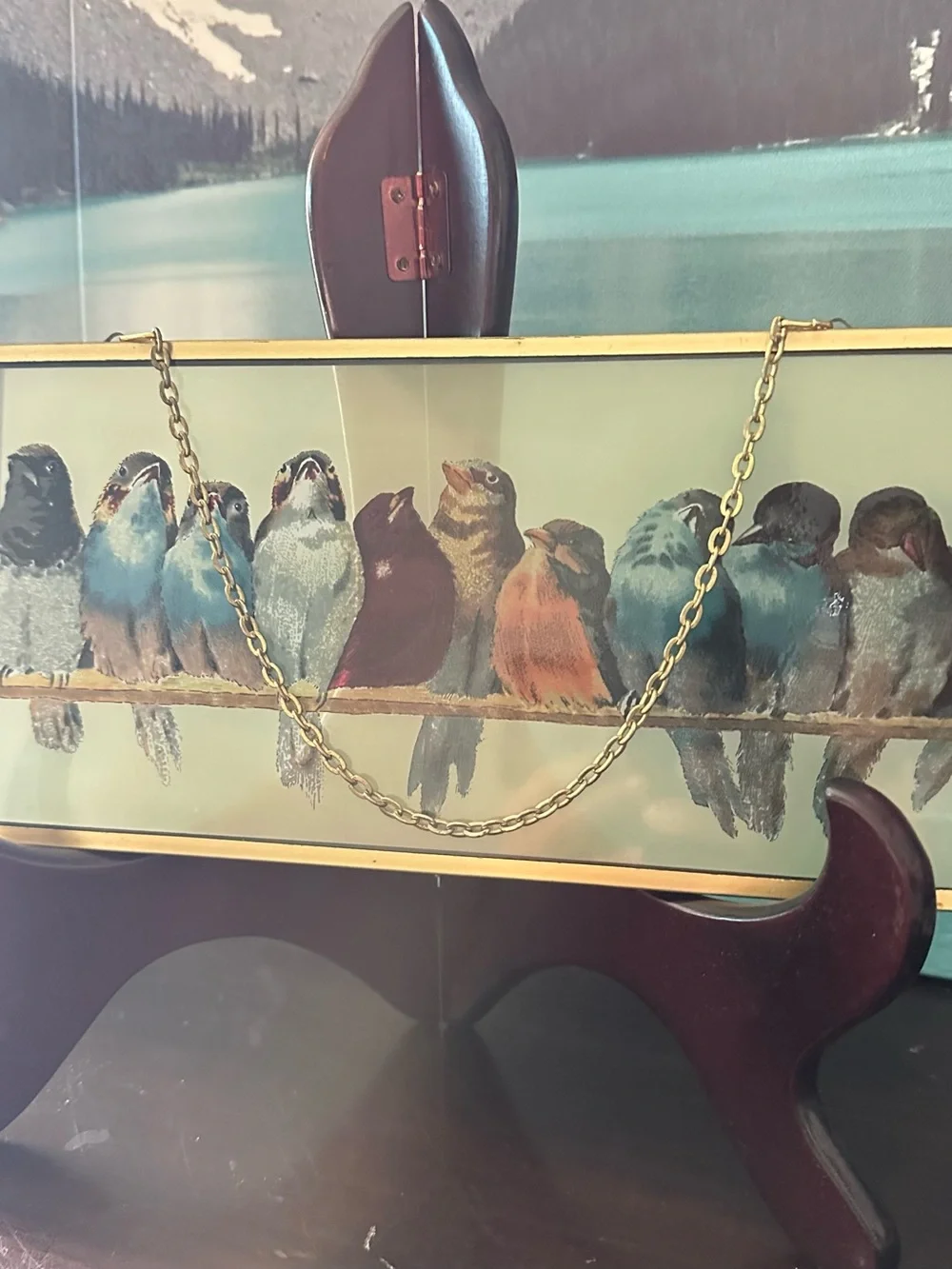 Bird Illustration Hanging Plaque with Gold Frame - Blue, Brown, Cream